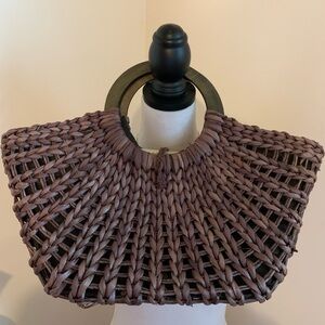 Woven Brown Handbag with Wooden Handles